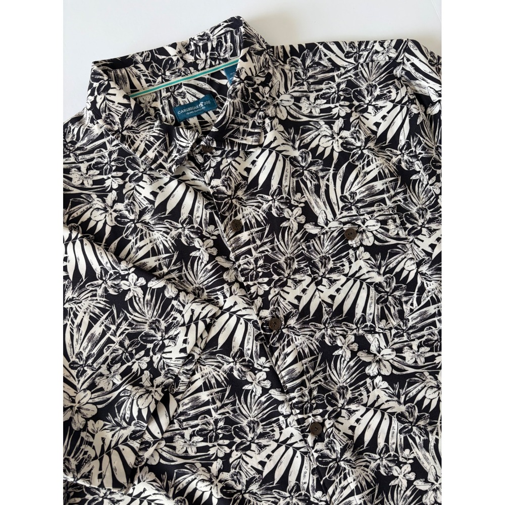 Caribbean Joe Mens Large Black White Tropical Floral Palm Button Up Shirt Resort